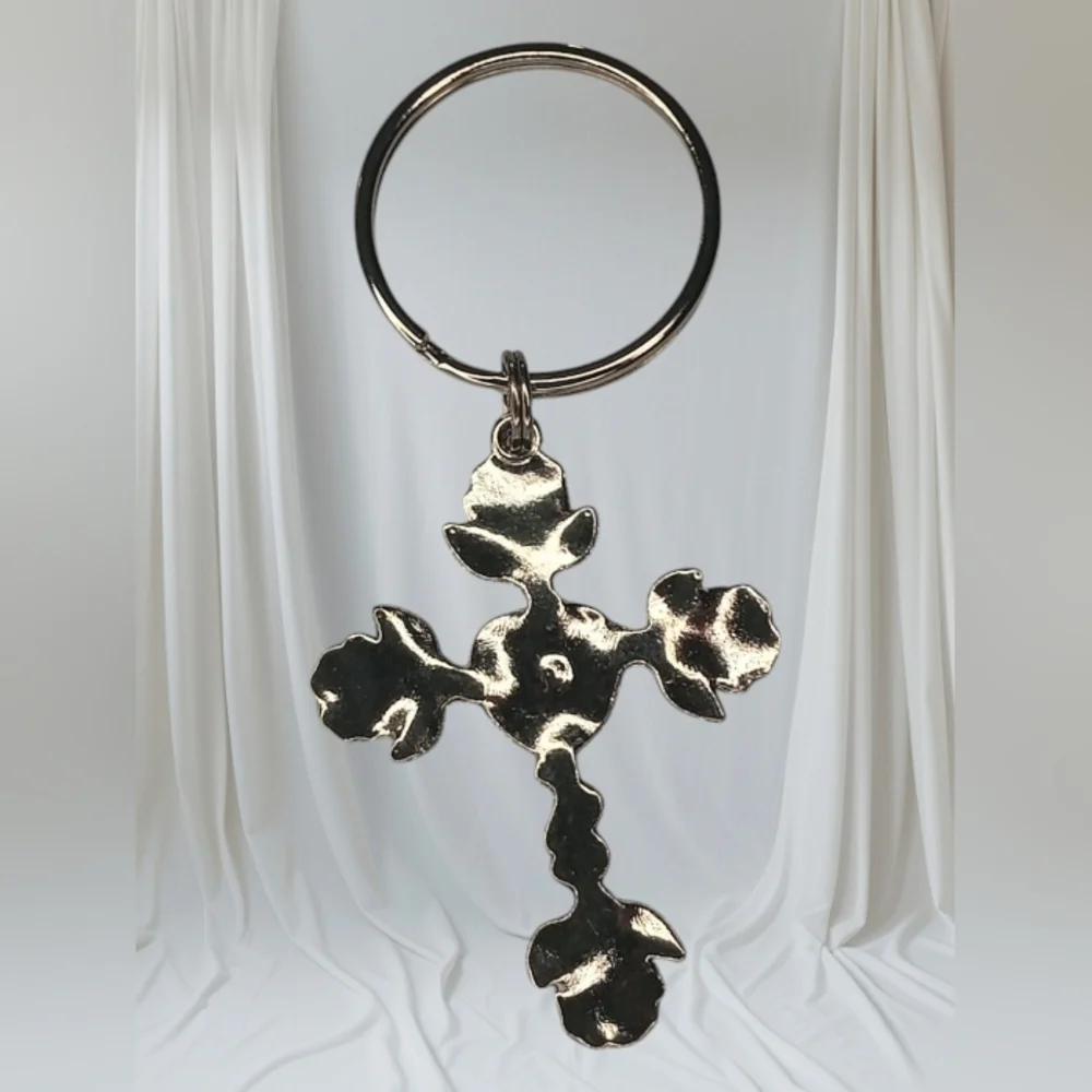 Silver Tone Cross Heart Charm Keychain Bag